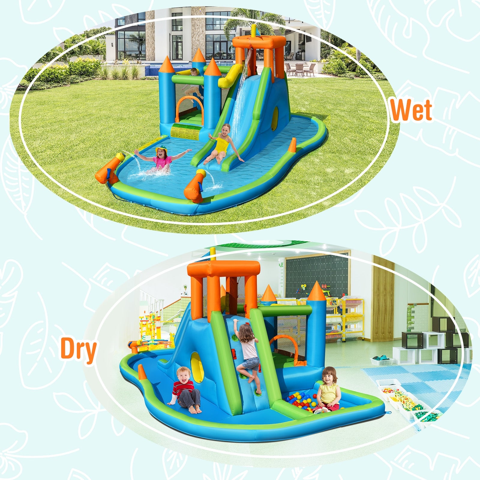 Inflatable Water Slide with Bounce House and Splash Pool without Blower