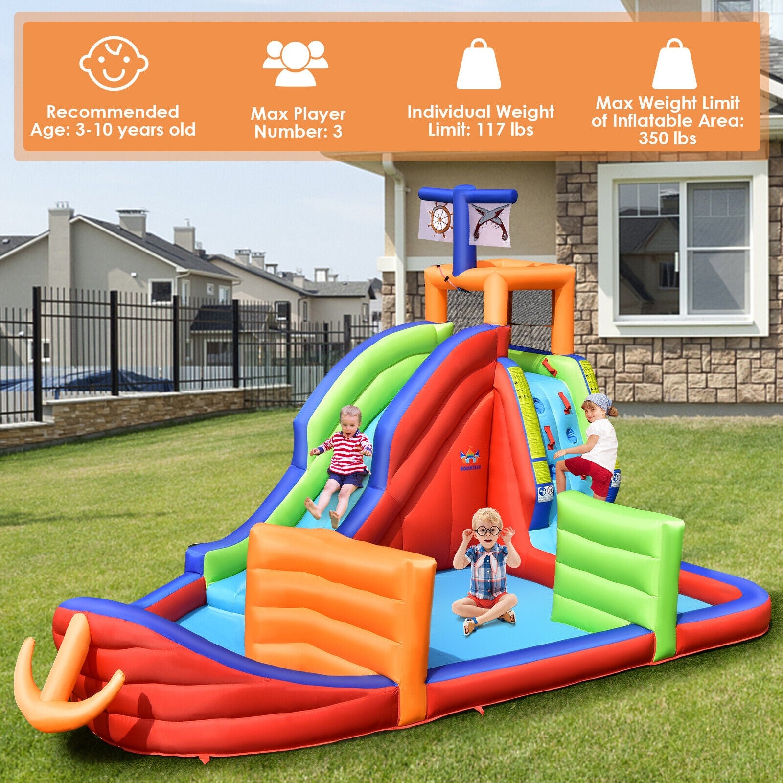 6-in-1 Kids Pirate Ship Water Slide Inflatable Bounce House with Water Guns Without Blower