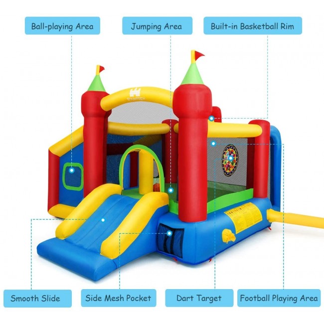 Kids Gift Inflatable Slide Bounce House Castle with 480W Blower and Basketball Hoop