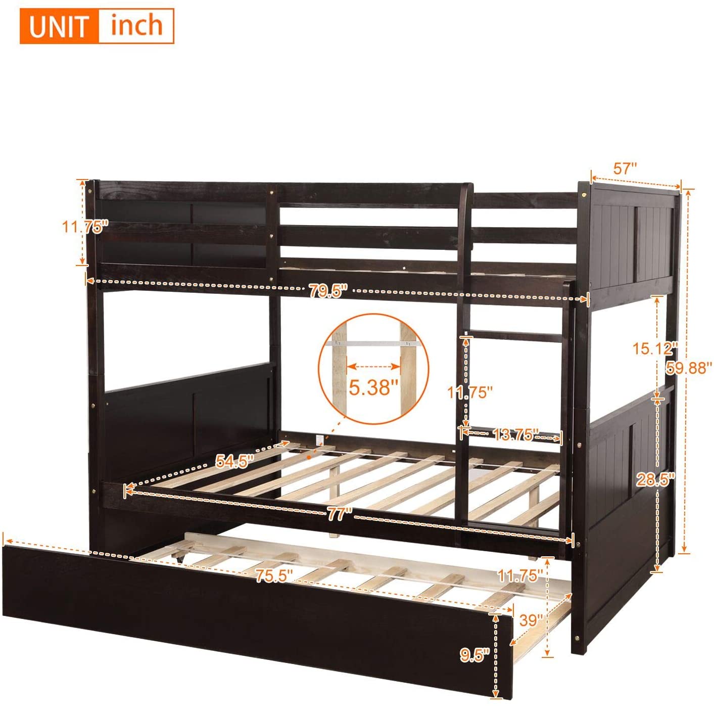 Twin Pull-Out Bunk Bed with Trundle Wooden Ladder