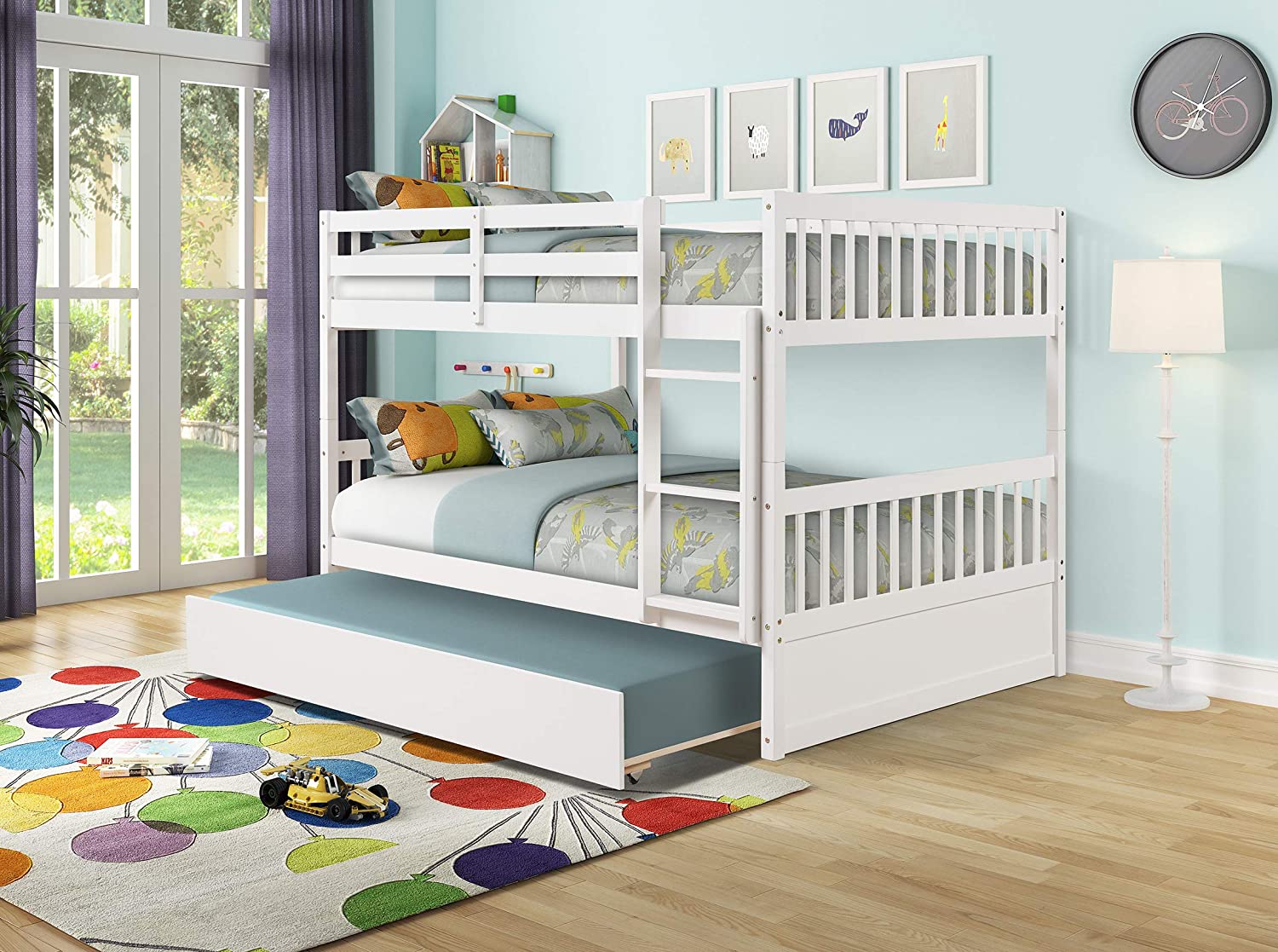 Twin Pull-Out Bunk Bed with Trundle Wooden Ladder