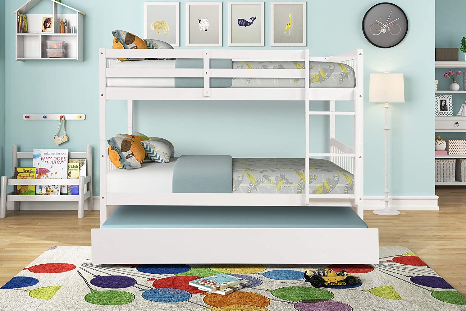 Twin Pull-Out Bunk Bed with Trundle Wooden Ladder