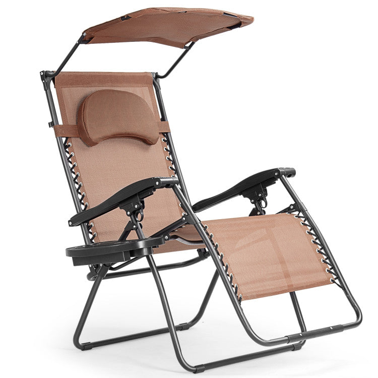 Hikidspace Folding Recliner Lounge Chair with Canopy and Cup Holder for Beach