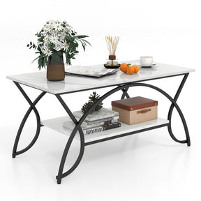 2-Tier Faux Marble Rectangle Coffee Table with Metal Frame