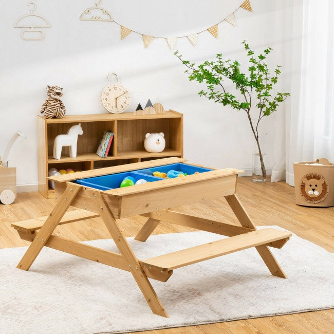 3-in-1 Kids  Wooden Outdoor Picnic Table Water Sand Table with Play Boxes