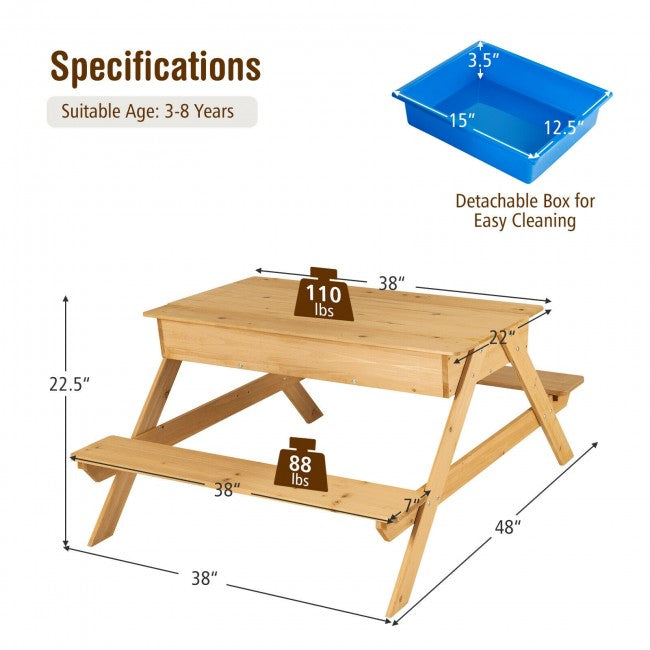 3-in-1 Kids  Wooden Outdoor Picnic Table Water Sand Table with Play Boxes