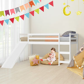 Kids Wood Loft Bed Low Bunk Bed with Slide and Stairs