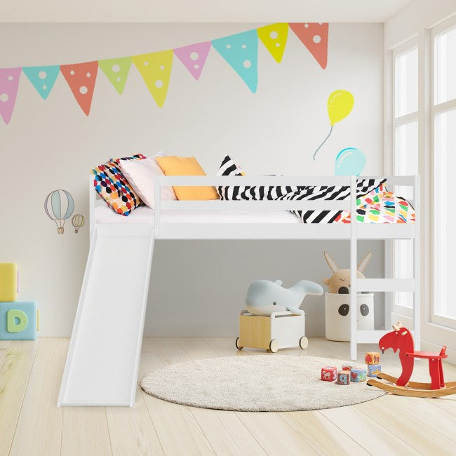 Kids Wood Loft Bed Low Bunk Bed with Slide and Stairs