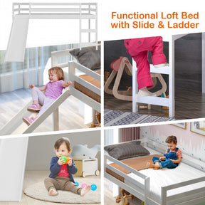 Kids Wood Loft Bed Low Bunk Bed with Slide and Stairs