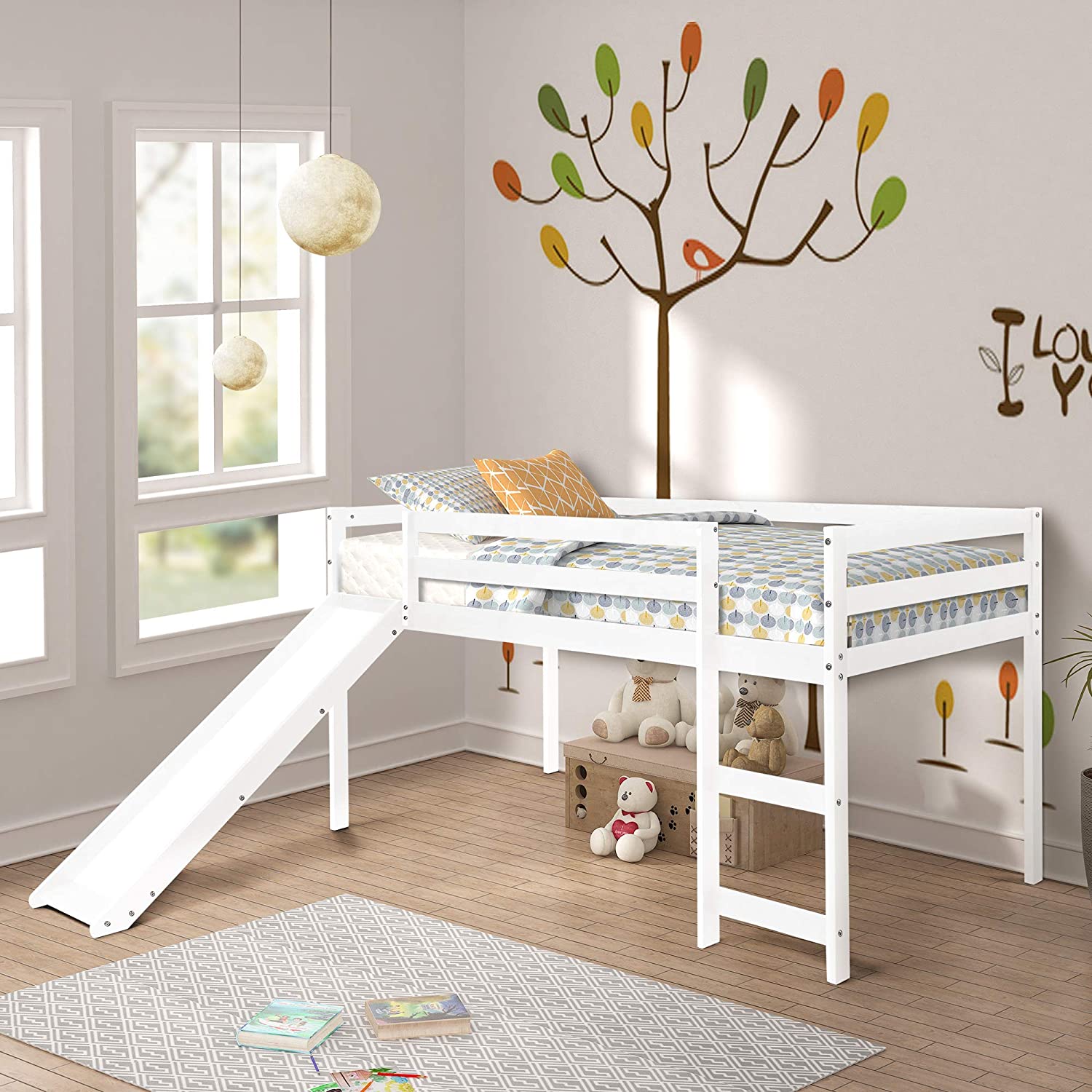 Kids Wood Loft Bed Low Bunk Bed with Slide and Stairs