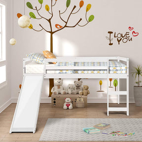 Kids Wood Loft Bed Low Bunk Bed with Slide and Stairs