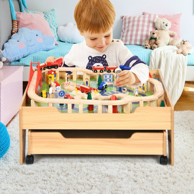 Kids Wooden Railway Set Table with 100 Pieces Storage Drawers