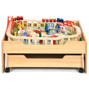 Kids Wooden Railway Set Table with 100 Pieces Storage Drawers