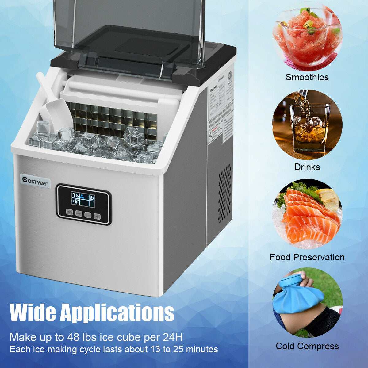 Hikidspace 48 Lbs Stainless Self-Clean Ice Maker with LCD Display