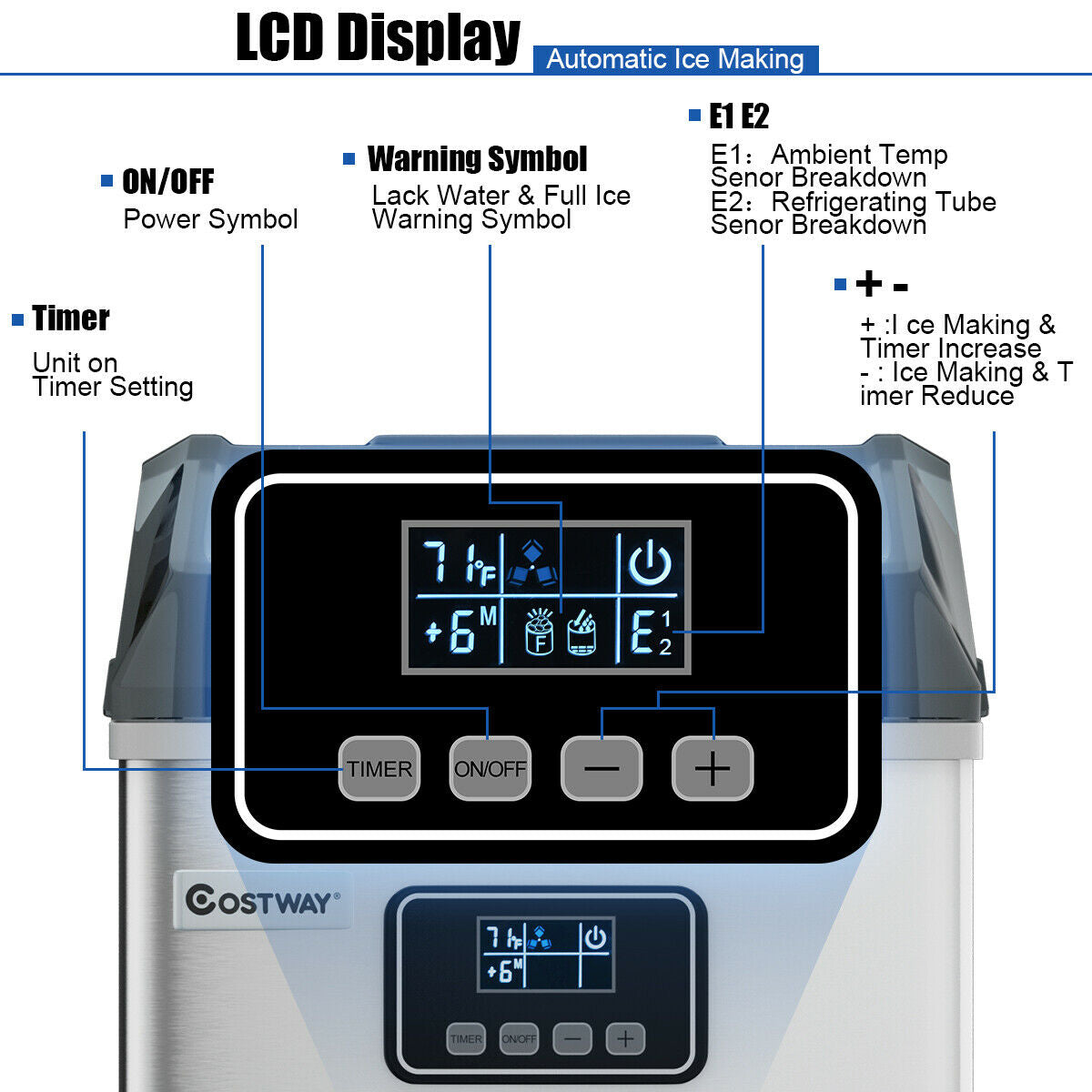 Hikidspace 48 Lbs Stainless Self-Clean Ice Maker with LCD Display